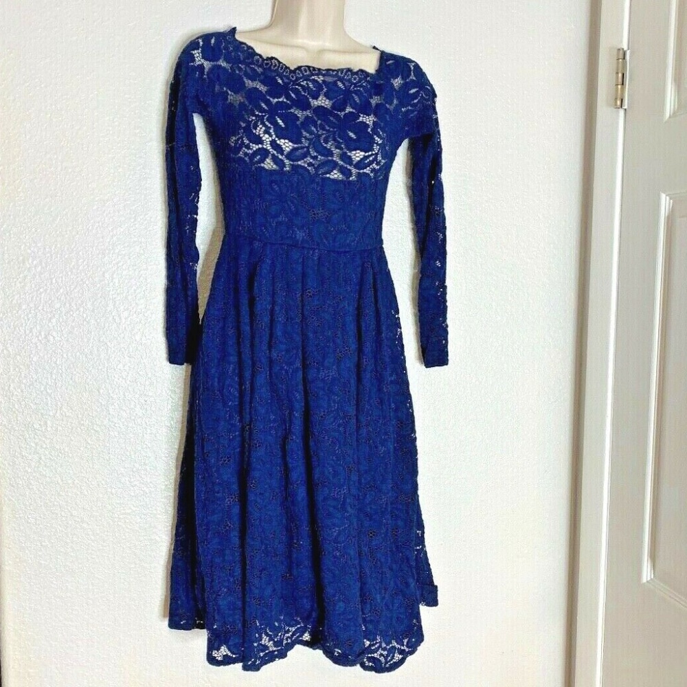 TopMelon Womens Sz S Navy Blue Dress Lace Overlay Long Sleeve Cold Off Shoulder